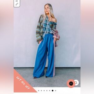Wide Leg Blue Track Pants with Side Stripe